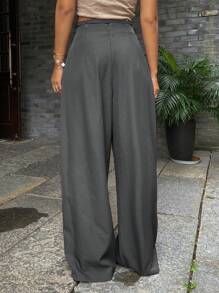 Livesso Old Money 女士秋季休闲纯色宽松阔腿裤，配有抽绳和拉链 - 深灰色 - 查看 2