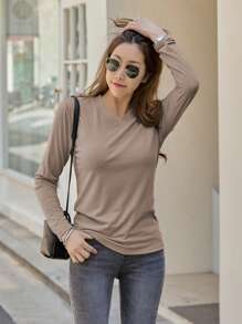 DAZY Solid V Neck Tee,Fall Clothes,Back To School Clothes Long Sleeve Women Tops - Apricot - View 3