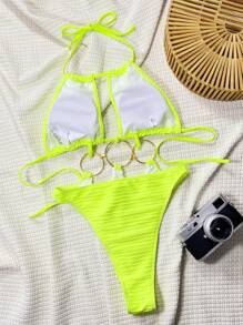 Swim SXY 1 件女式连体泳衣，纹理面料，纯色，海滩度假吊带领，带钢圈 - 青檸色 - 查看 2