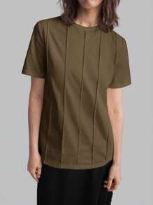 Ontre 2026SS New Solid Color Minimalist Daily Wear, Women's Round Neck Short Sleeve T-Shirt, Khaki Short Sleeve, Casual Loose T-Shirt, Suitable For Valentine's Day, Summer Clothing, Business Casual, Female Vacation Beach Birthday Party, Teacher Outfit, Basic Top Back To School - Brown - View 6
