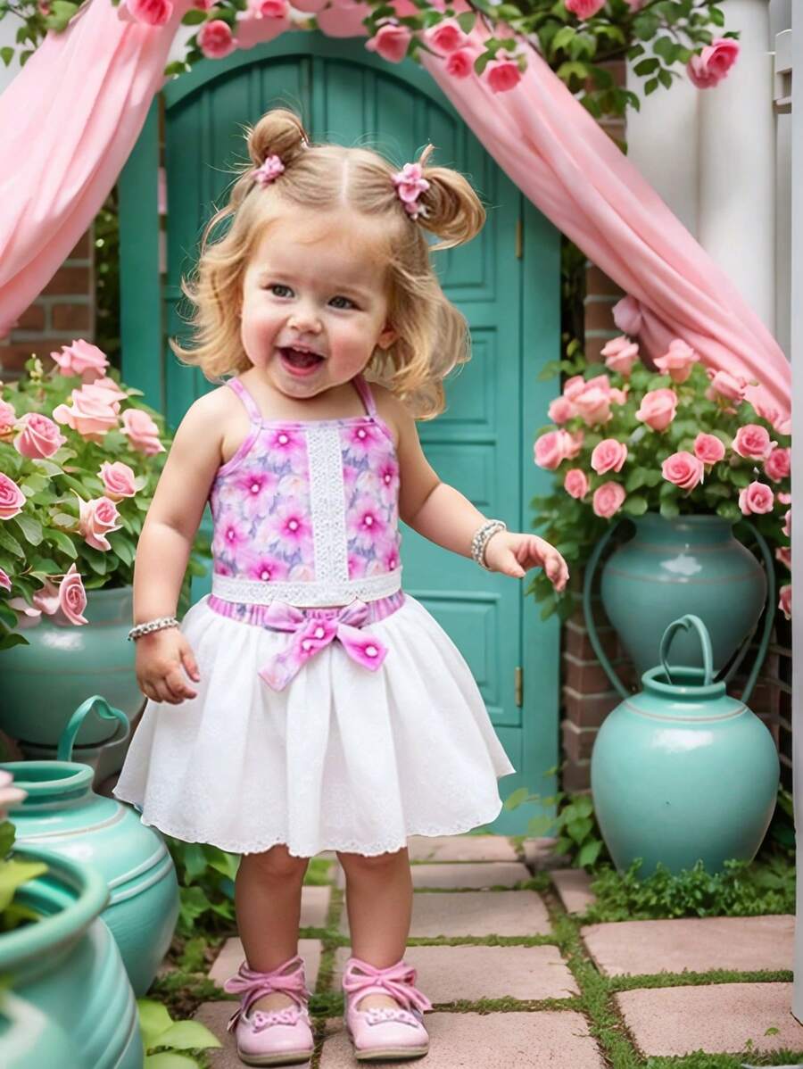 Baby Girls' Sleeveless Floral Print Tank Top & A-Line Bowknot Skirt 2 Pieces Set, Summer - White - View 1