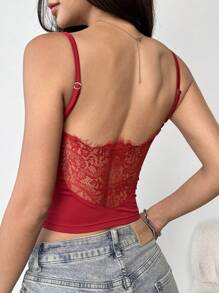 SHEIN EZwear Cami corto con recortes de encaje y espalda descubierta, unicolor sexy - Rojo - Ver 3