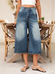 SHEIN LUNE Jeans décontractés pour femmes à jambes larges et taille haute lavés