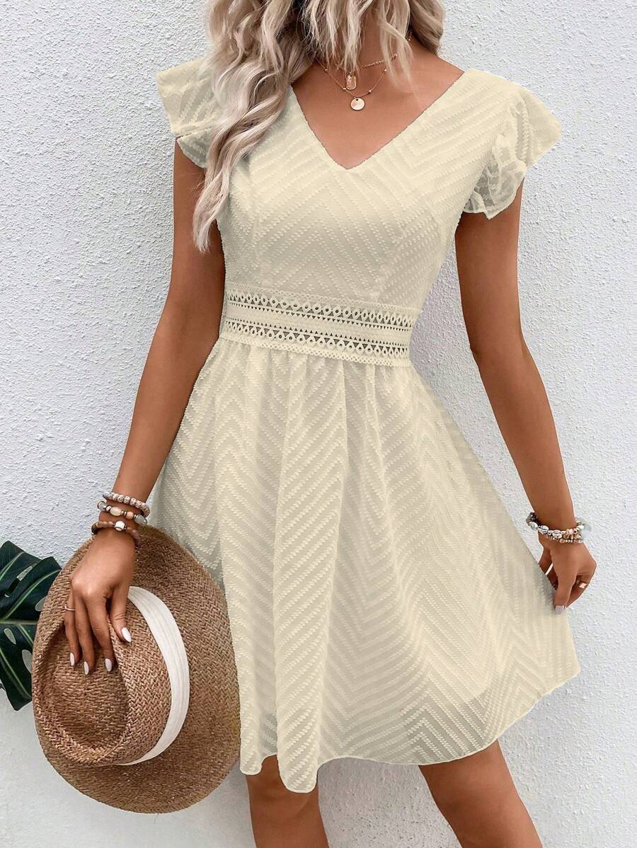 SHEIN LUNE Vacation Casual Solid Color Textured Cap Sleeve Dress - Apricot - View 1