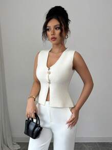 Elenzga Fashionable & Versatile European/French Design Button Front Solid Color Knit Top - Beige - View 6