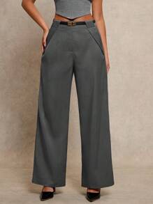 Glamine Pantalones casuales de oficina rectos y anchos con bolsillos para mujer - Gris Oscuro - Ver 1