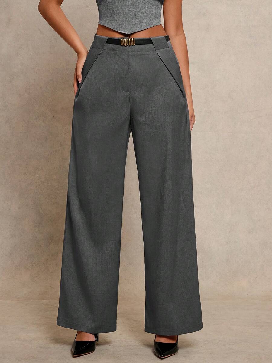 Glamine Pantalones casuales de oficina rectos y anchos con bolsillos para mujer - Gris Oscuro - Ver 1