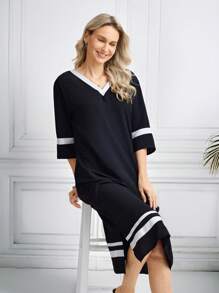 Miaspire Women's Striped V-Neck 3/4 Sleeve Casual Long Dress