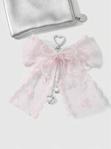 ROMWE Kawaii 1pc Korean Style Sweet & Delicate Versatile Simple High-Quality Handmade Beaded White Faux Pearl Crystal Net Yarn Embroidery Ribbon Bow Chain CCB Star Heart Pendant Keychain Bag Charm, Suitable For Women, Daily Wear, Festival Gift - Dusty Pink - View 4