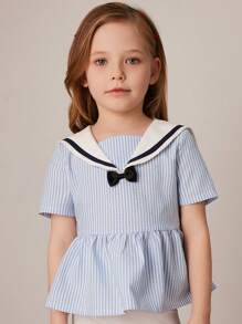 PrepCrw Conjunto de blusa de punto con cuello azul a rayas y blanco, y pantalones cortos de punto blancos para niñas jóvenes en primavera/verano - Multicolor - Ver 1