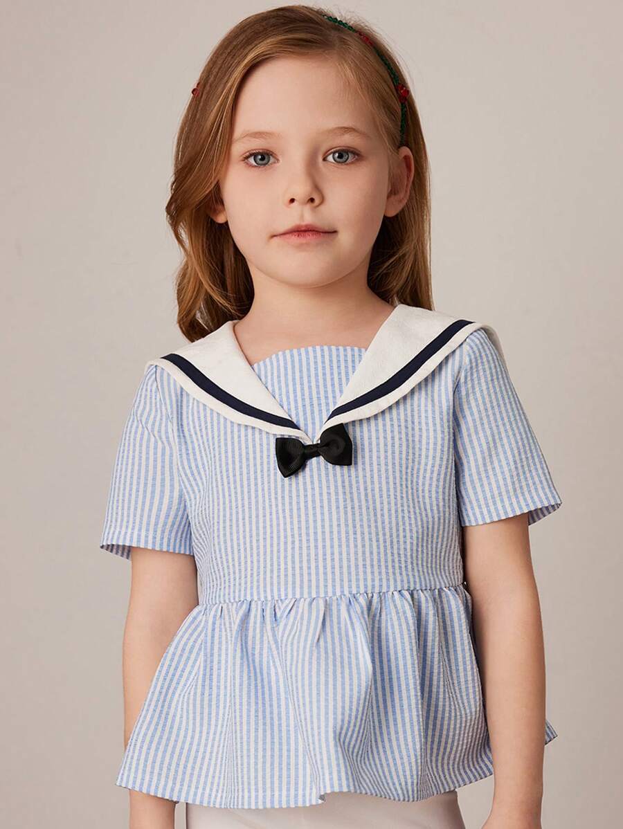 PrepCrw Conjunto de blusa de punto con cuello azul a rayas y blanco, y pantalones cortos de punto blancos para niñas jóvenes en primavera/verano - Multicolor - Ver 1