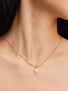 1件优雅精致的仿珍珠绳项链，末端饰有月亮吊坠，锁骨链，圣诞节冬季礼物 - 金黃色 - 查看 2