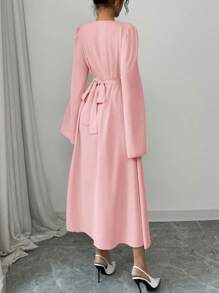 Elenzga Women Solid Color Ruffle Neck Split Flared Sleeve Dress, Elegant - Baby Pink - View 2