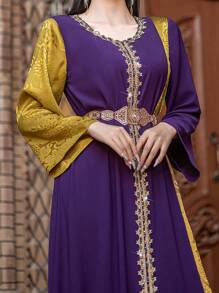 Layrah Multi-Colored Handmade Embellished Long Sleeve Arabian Dress, Modest Kaftan For Evening Party/Wedding Guest/Anniversary - Multicolor - View 5