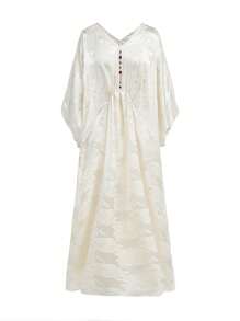 Al Najma 女士 V 领蝙蝠袖宽松优雅土耳其连衣裙 - 白色 - 查看 3