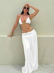 Bonvoyette 3pcs Set Shiny Fabric Solid Color Halter Triangle Bikini Set With Asymmetrical Metal Ring And Long Mesh Beach Skirt, Elegant & Sexy Swimwear For Holiday For Summer Beach Vacation - White - View 1