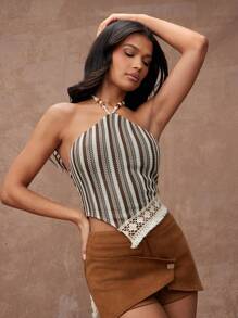 Hauture 夏季女士，女士，度假性感棕白条纹流苏下摆露背吊带短款上衣，带珠饰，女式上衣，女式背心，夏季上衣，夏季女式上衣，波西米亚风上衣，度假 - 彩色 - 查看 1