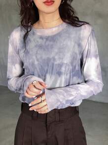 FRIFUL Women's Tie-Dye Multicolor Mesh Contrast Casual Blouse Long Sleeve Women Tops - Multicolor - View 6