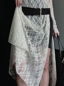 DAZY 女式高领蕾丝透视长开叉下摆衬衫，白色，春夏节日透明长袖女式上衣 - 白色 - 查看 9