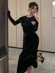 DAZY 女式露肩长袖水晶装饰连衣裙优雅秋装 - 黑色 - 查看 1