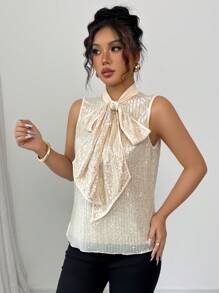 SHEIN Unity Luxury Sleeveless Sequin Sparkling Blouse With Tie Cravat Sexy Women Dress Shirt - Apricot - View 6