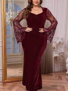 SHEIN Privé 大码天鹅绒拼色蕾丝荷叶边袖美人鱼下摆长裙