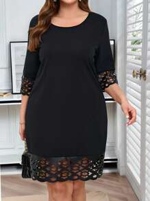 SHEIN Clasi Curvy Plus Size Women's Black Solid Cutout Stitching Round Neck Simple Short Dress, Women's Resort Wear, Women's Summer Dresses, Business Casual Women, Going Out, Women's Office Wear, Women's Spring Dresses, Festivals, Teachers, Old Money, Elegant Dresses, Knitted Dresses, Elegant Women's Dresses, Elegant Dresses, Black Dresses, Women's Black Dresses, Black Mini Dresses, Women's Plain Dresses, Women's Black Dresses