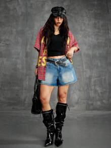 SHEIN EZwear Women's Spring/Summer Y2K Grunge Going Out Washed Baggy High Waisted Double Waistband Shorts Jeans