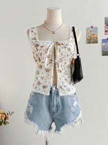 Soleia Áo ba lỗ dây rộng thêu họa tiết hoa nhỏ xinh xắn dành cho nữ, thích hợp cho tiệc tùng, hẹn hò, lễ hội âm nhạc, phong cách phương Tây, phong cách Boho, trà chiều, bãi biển - Nhiều màu - Xem 4