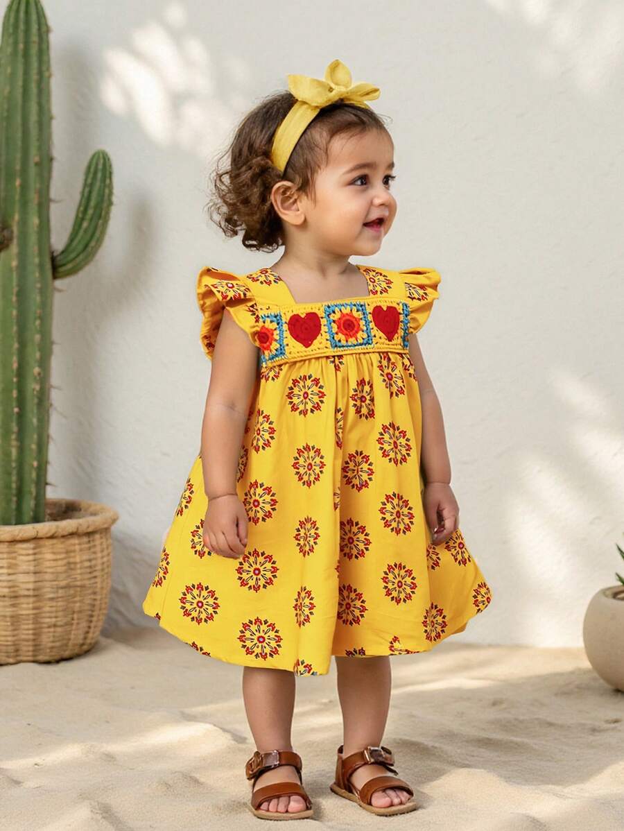 Cozy Pixies Baby Girl Pattern Square Neck Ruffle Trim Waist Sleeveless Dress - Yellow - View 1