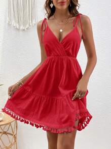 SHEIN VCAY Tie Shoulder Tassel Trim Ruffle Hem Cami Boho Summer Dress - Red - View 6