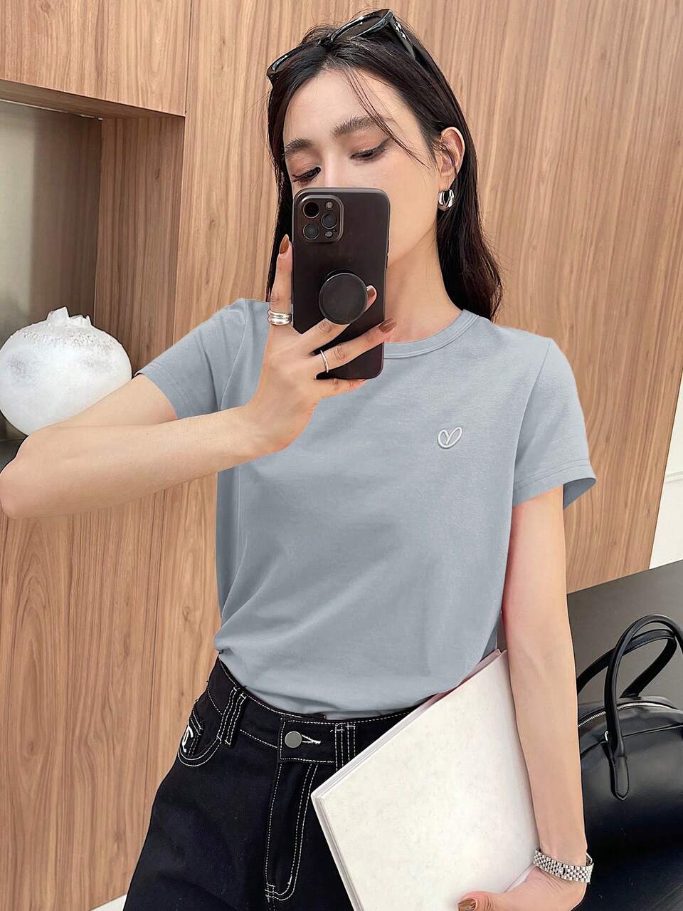 Women's Summer Short Sleeve T-Shirt With Heart Embroidery And Round Neck Business Casual Woman Work Clothes