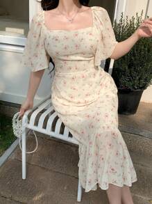 DAZY Elegant Floral Chiffon Flounced Square Neck Midi Mermaid Dress For Women, Summer Sundress Vacation Outfits Women - Apricot - View 3