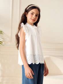 Set de 2 piezas de blusa con bordado y pantalones con dobladillo de volantes de unicolor para niñas preadolescentes