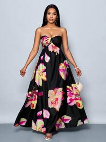 SOLERSUN 女士春夏花卉印花浪漫海滩度假褶皱荷叶边下摆抹胸长裙（随机花卉）