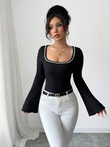 Elenzga 优雅珍珠装饰方领喇叭袖通勤衬衫 - 黑色 - 查看 4