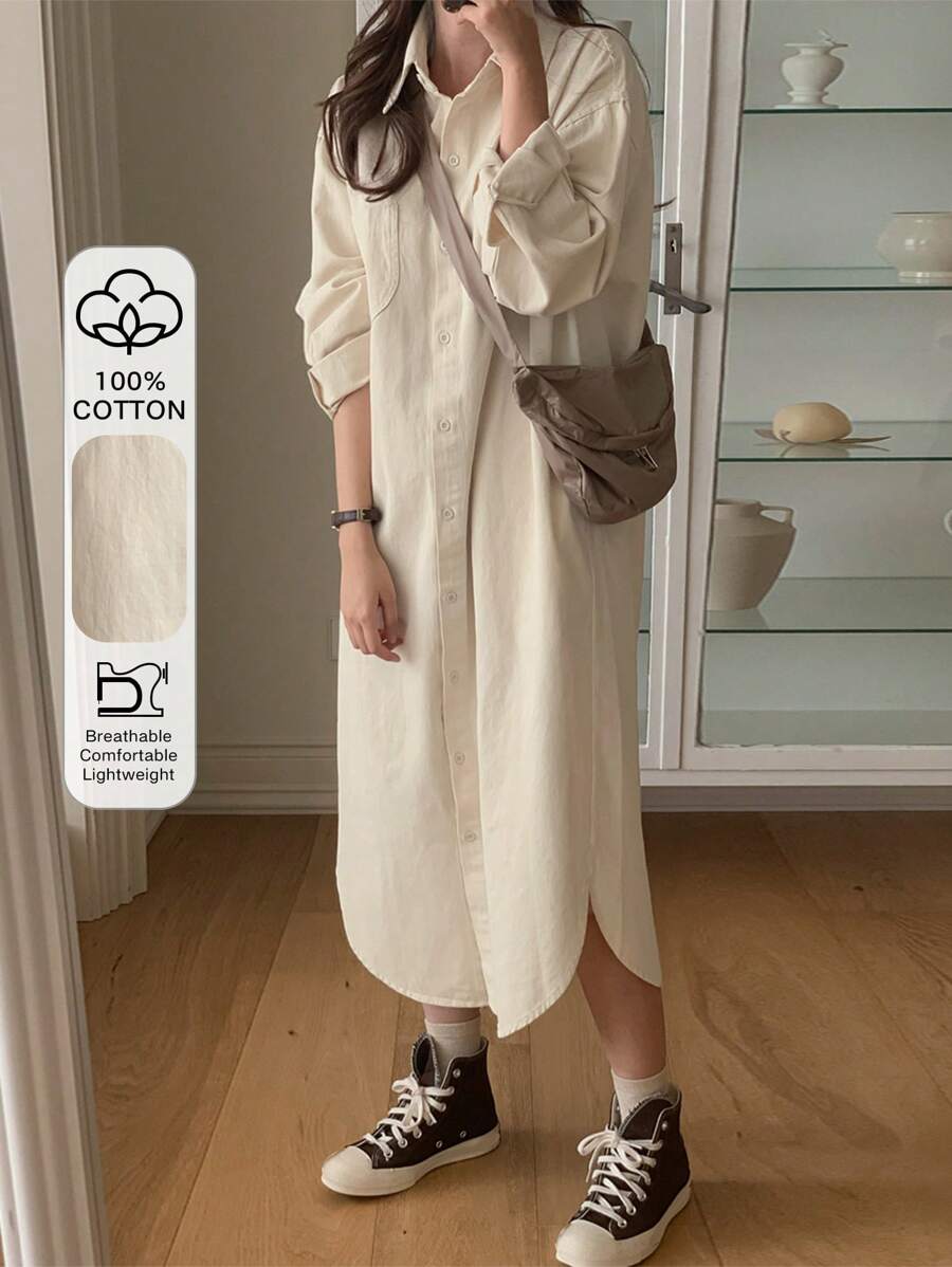 DAZY Váy sơ mi cài nút trơn, trang phục mùa thu, váy dài tay - Màu be - Xem 1