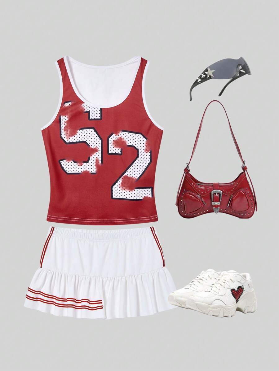 SHEIN Unity 2 件套女士街头服饰数字印花运动条纹背心上衣和迷你裙 - 彩色 - 查看 1