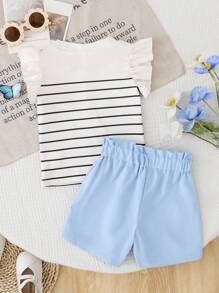 Baby Girl Striped Crew Neck Cap Sleeve Top And Shorts Casual Set - Blue and White - View 5
