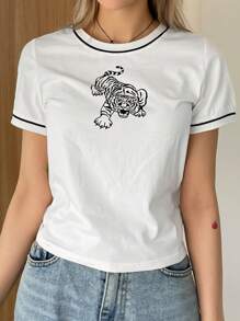 DAZY In hoa con hổ Áo thun Ringer - trắng - Xem 4