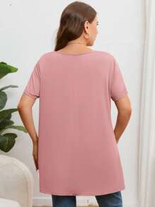 Firerie Plus Size Casual Solid Color Loose Short Sleeve T-Shirt - Pink - View 2
