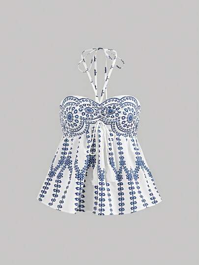 SHEIN MOD Blau-Weiß Chinesisch-Stil Vintage Halterung Top für Frauen