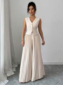 Elenzga 2 件套：纯色金属纽扣无袖衬衫和褶皱西裤，优雅女装 - 杏色 - 查看 6