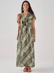 Florisole Women's Bohemian Green V-Neck Fringe A-Line Dress, Spring/Summer - Multicolor - View 7