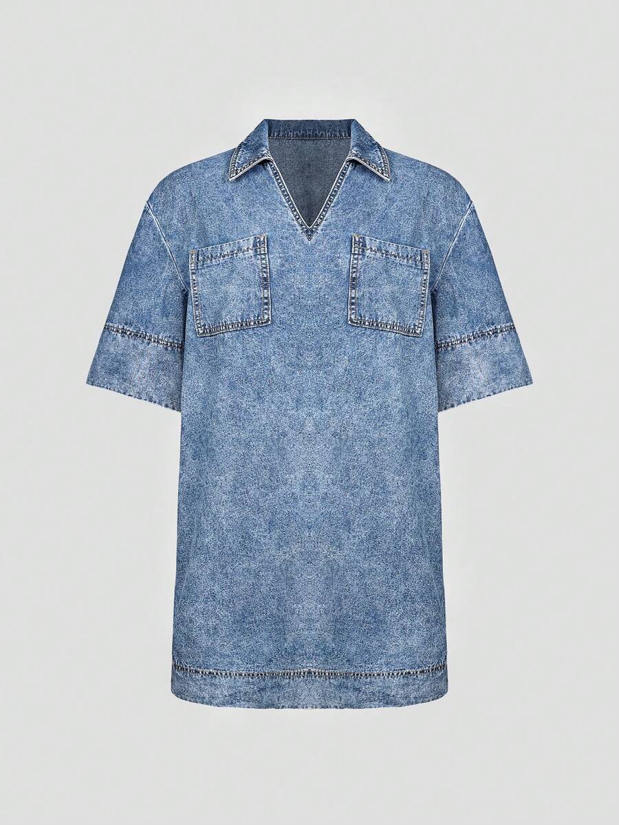 SHEIN Tall Casual Denim Shirt Dress, Washed - Medium Wash - View 1