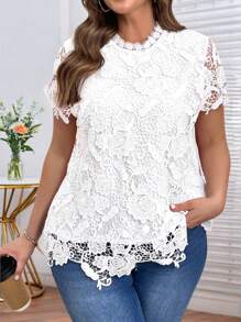 SHEIN Clasi Plus Size Women's White Solid Stand Collar Short Sleeve Simple Elegant Lace Shirt, Casual Holiday Wear, Exquisite Romance, Women's Holiday Wear, Women's Summer Wear, Women's Business Casual Wear, Women's Going Out Tops, Women's Office Wear, Women's Spring Wear, Holiday, Old Money, White Tops, White Shirt, White Tops, Women's Short Sleeve Tops, Lace Tops, Women's Elegant Tops, Women's Modest Wear, Spring Break, St. Patrick's Day Shirt - White - View 1