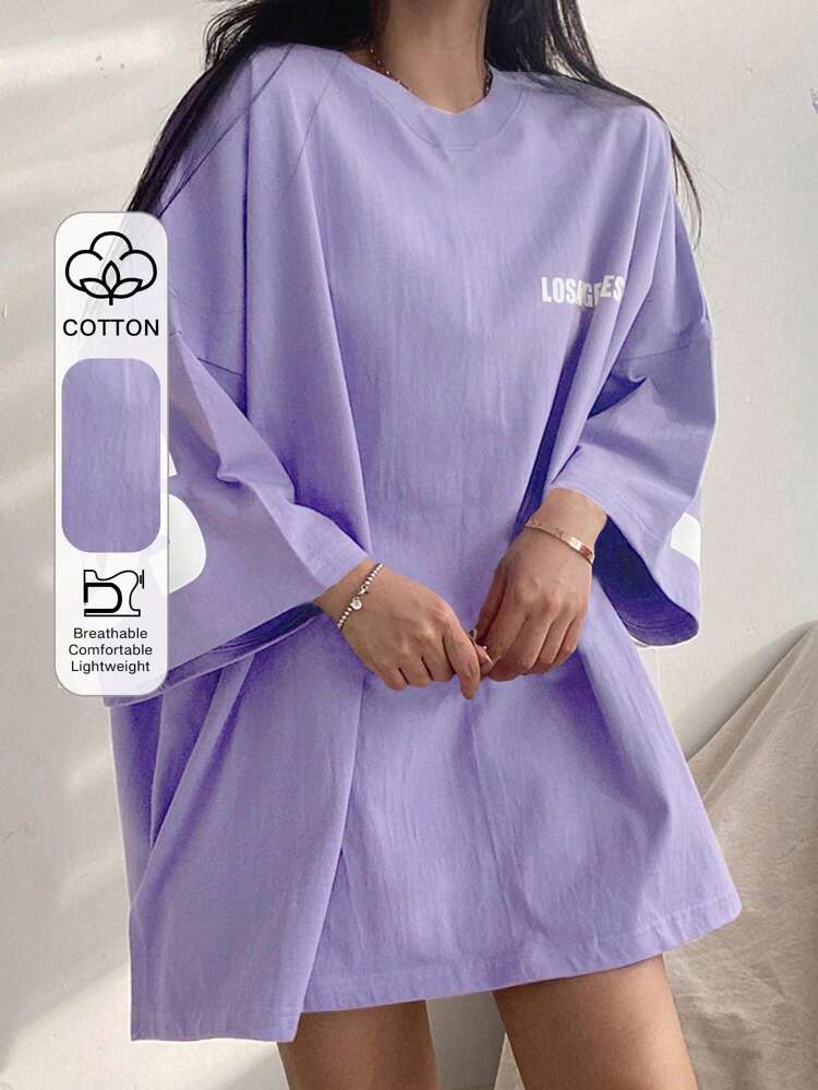 Women's Summer Casual Loose Fit T-Shirt With Round Neck, Drop Shoulder And Letter Print Oversized T-Shirt