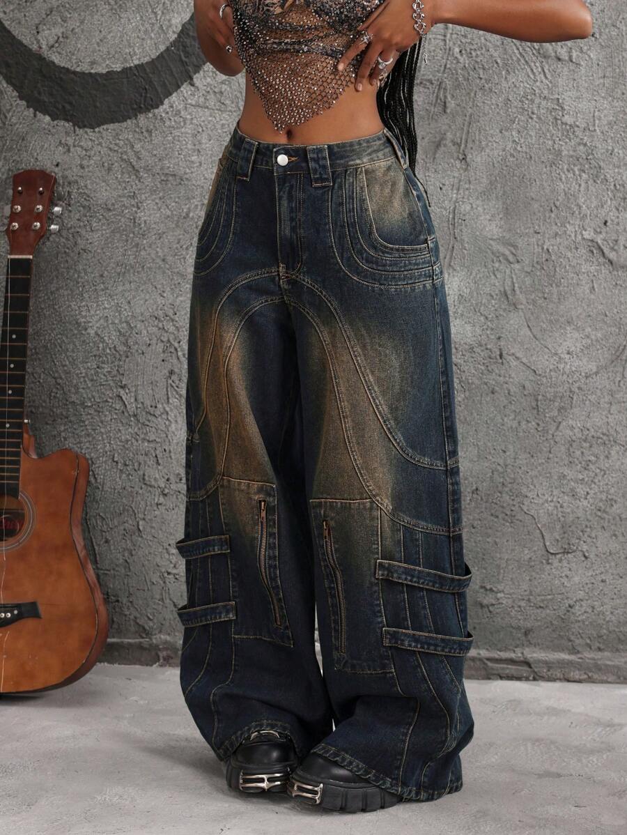 SHEIN PETITE Quần jeans nữ cạp cao, có túi và khóa kéo, dáng rộng, ống rộng, kiểu dáng thường ngày. - Màu xanh lam - Xem 1