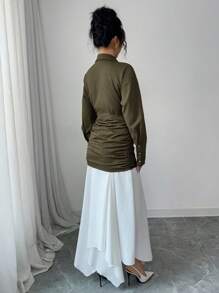 Elenzga 女士卡其色和白色对比拼接长袖不对称领连衣裙 - 綠色 - 查看 2