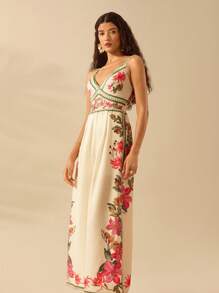 CAJUNI Women's Casual Summer Sleeveless Boho Tropical Floral Print Beige Wide Leg Jumpsuit